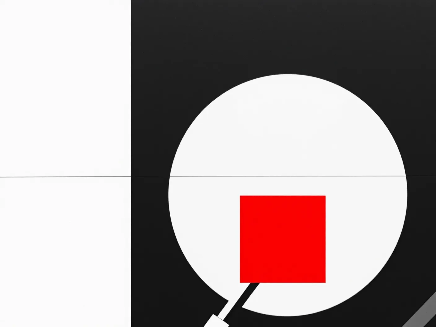 Swiss-modernist composition with a large black rectangular archive block in the upper-left, a thin black magnifying-glass outline in the lower-right with a small red square inside the lens, connected by a thin black horizontal hairline on a pure white ground