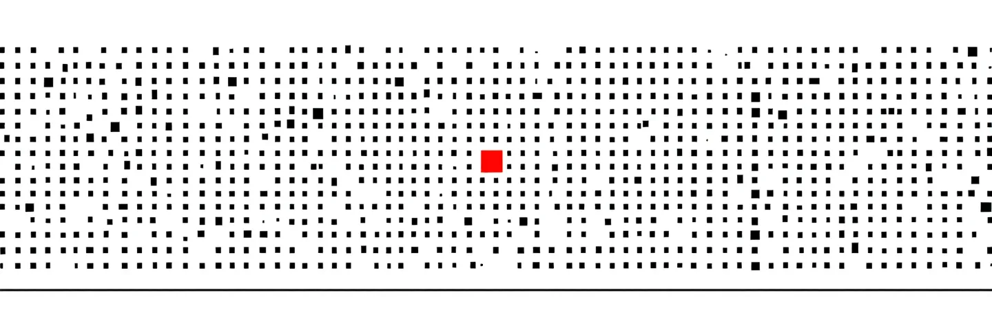 Swiss-modernist composition of a precise 25-by-8 grid of small black square dots with a single red square dot at the visual center on a pure white ground