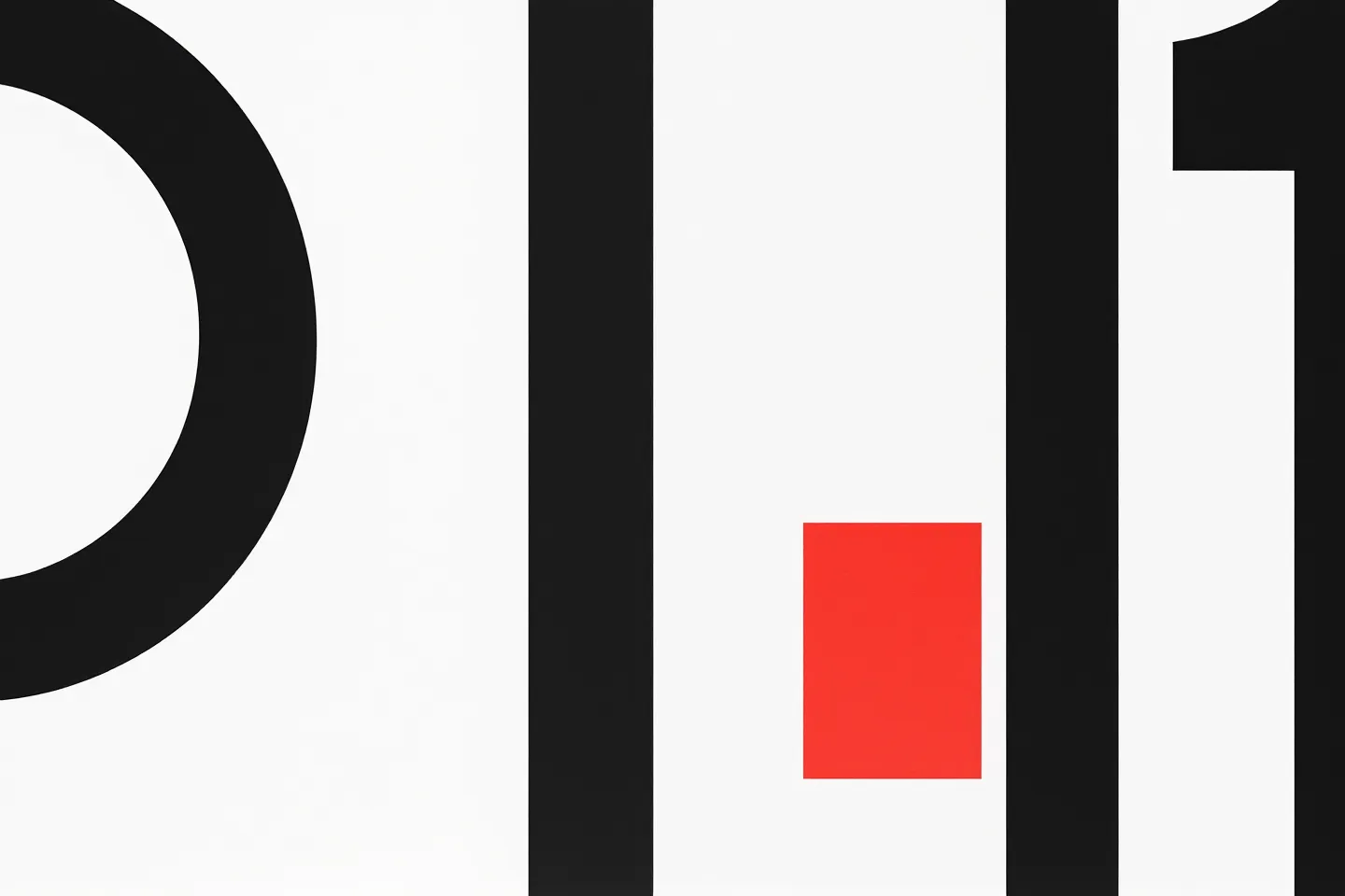 Swiss-modernist composition with an oversized black 01 numeral on the left, a thin black vertical hairline as a column seam, and a single small red square anchor on the right on a pure white ground