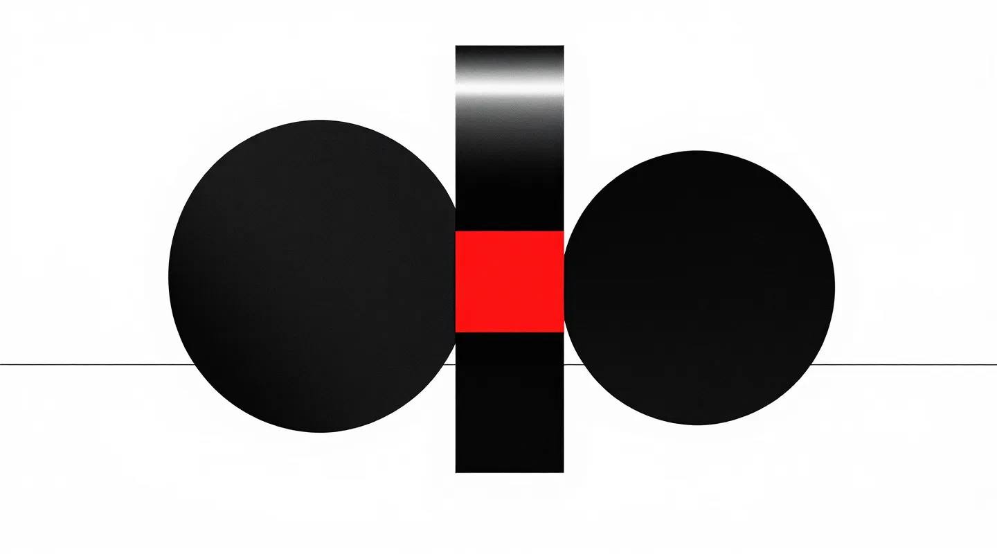 Swiss-modernist editorial composition with a large black circle, a black horizontal bar, and a single small red square as the focal anchor on a pure white ground